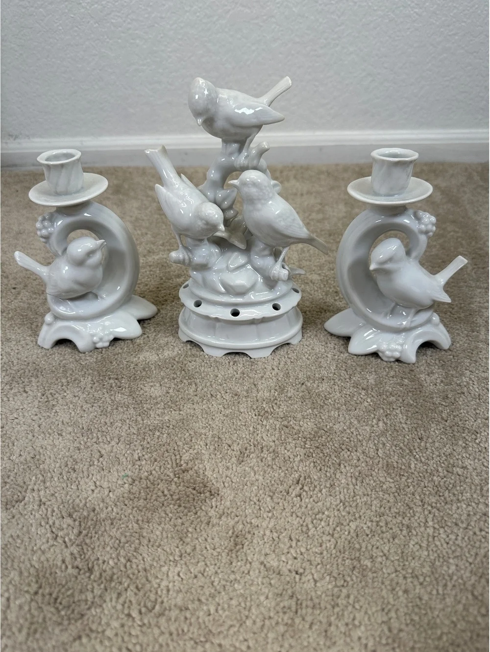 VTG Dresden Porcelain Wolfsohn & Sons Pair Of Bird Candle Holders + Flower Frog
